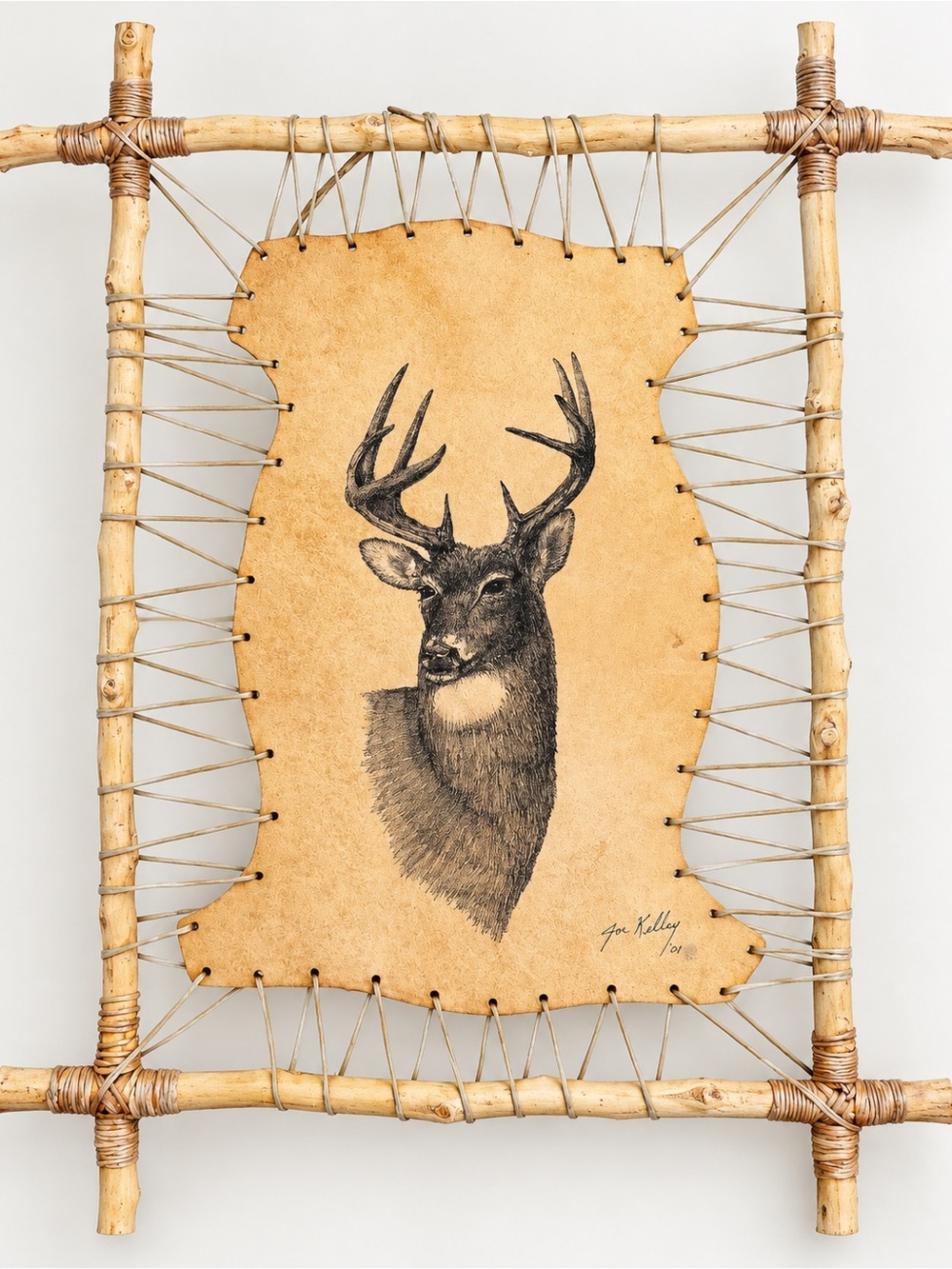Joe Kelley Signed Deer Buck Hide Wall Art Rustic Lodge Cabin Folk Art